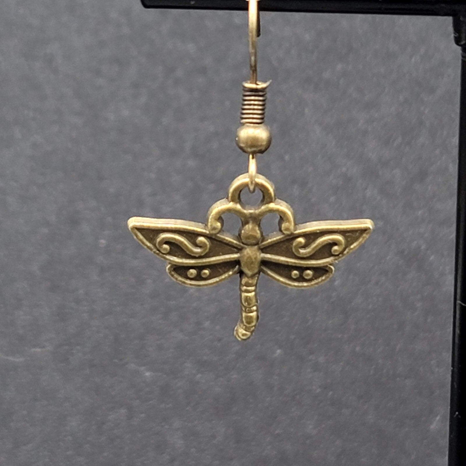 Dragonfly Pierced Earrings Dangle Bronze tone Bug Insect 5/8"