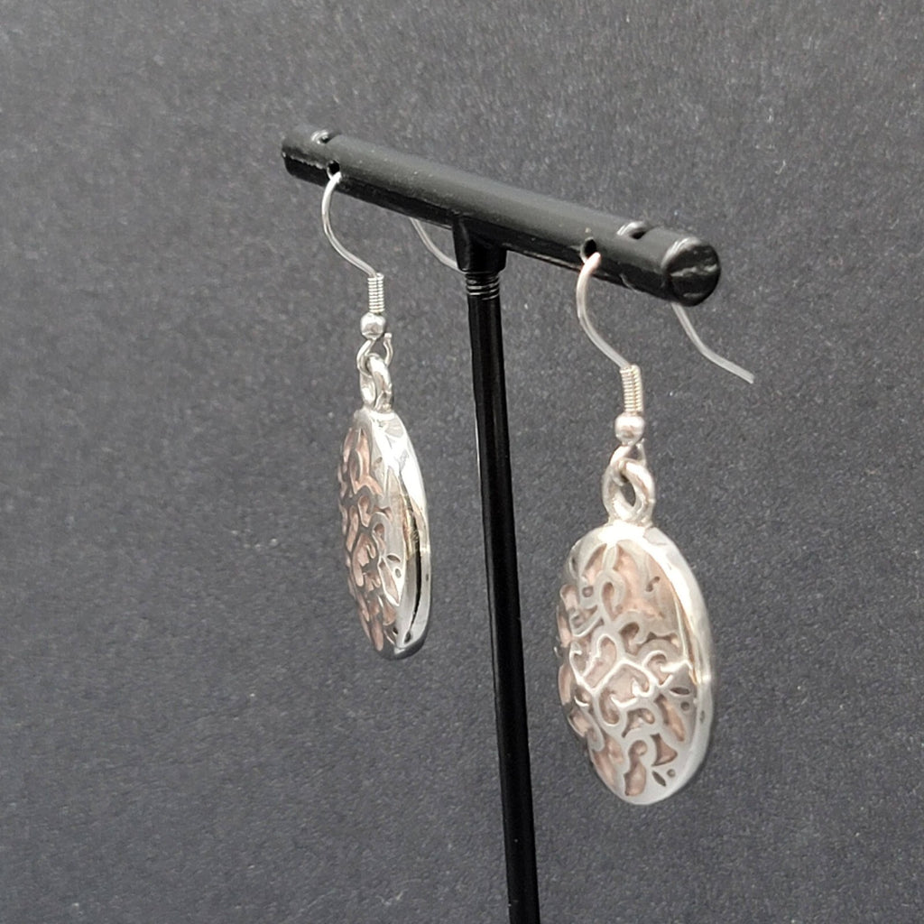Pierced Earrings Silver tone Stainless Steel Oval Peach Enamel Dangle 1 1/8"