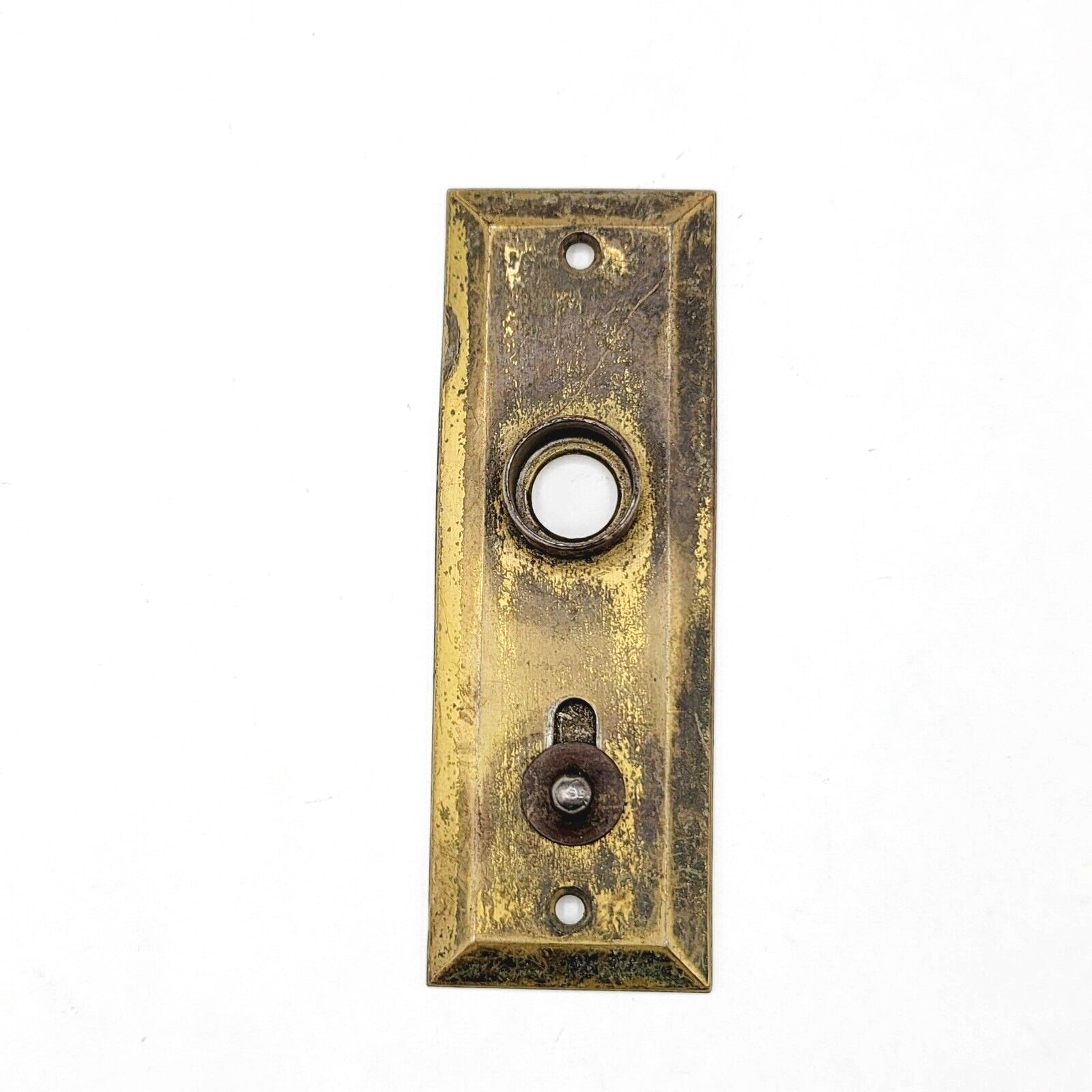 Vintage Brass Screen Door Knob Backplate Lock 4" x 1  3/8" Small