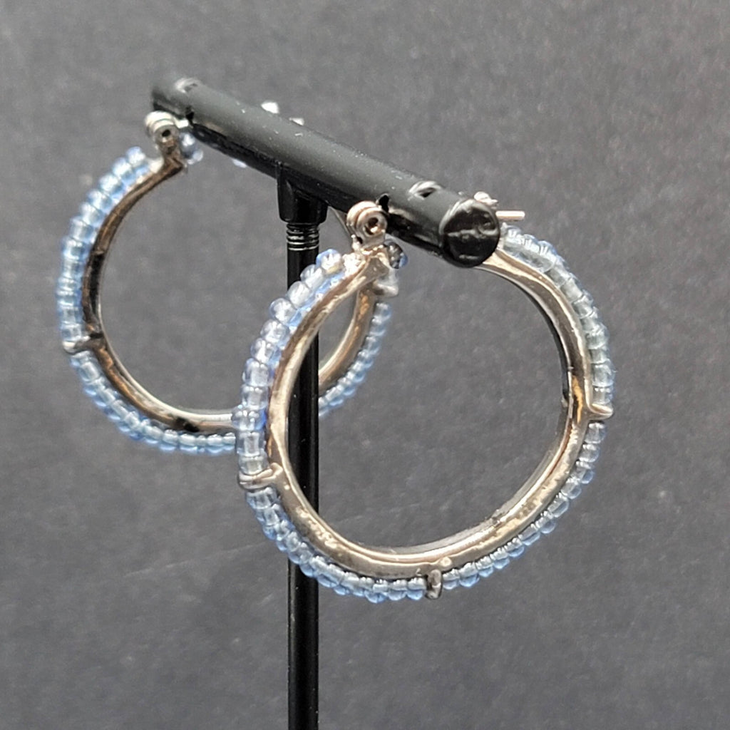 Pierced Earrings Black Metal Blue Seed Bead Hoops 1"