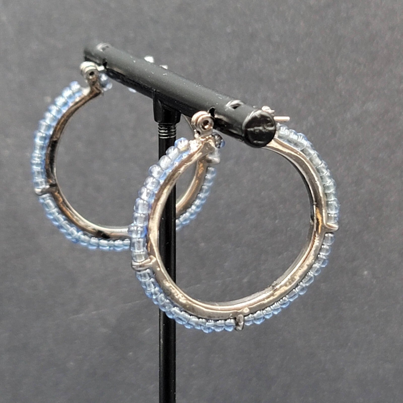 Pierced Earrings Black Metal Blue Seed Bead Hoops 1"