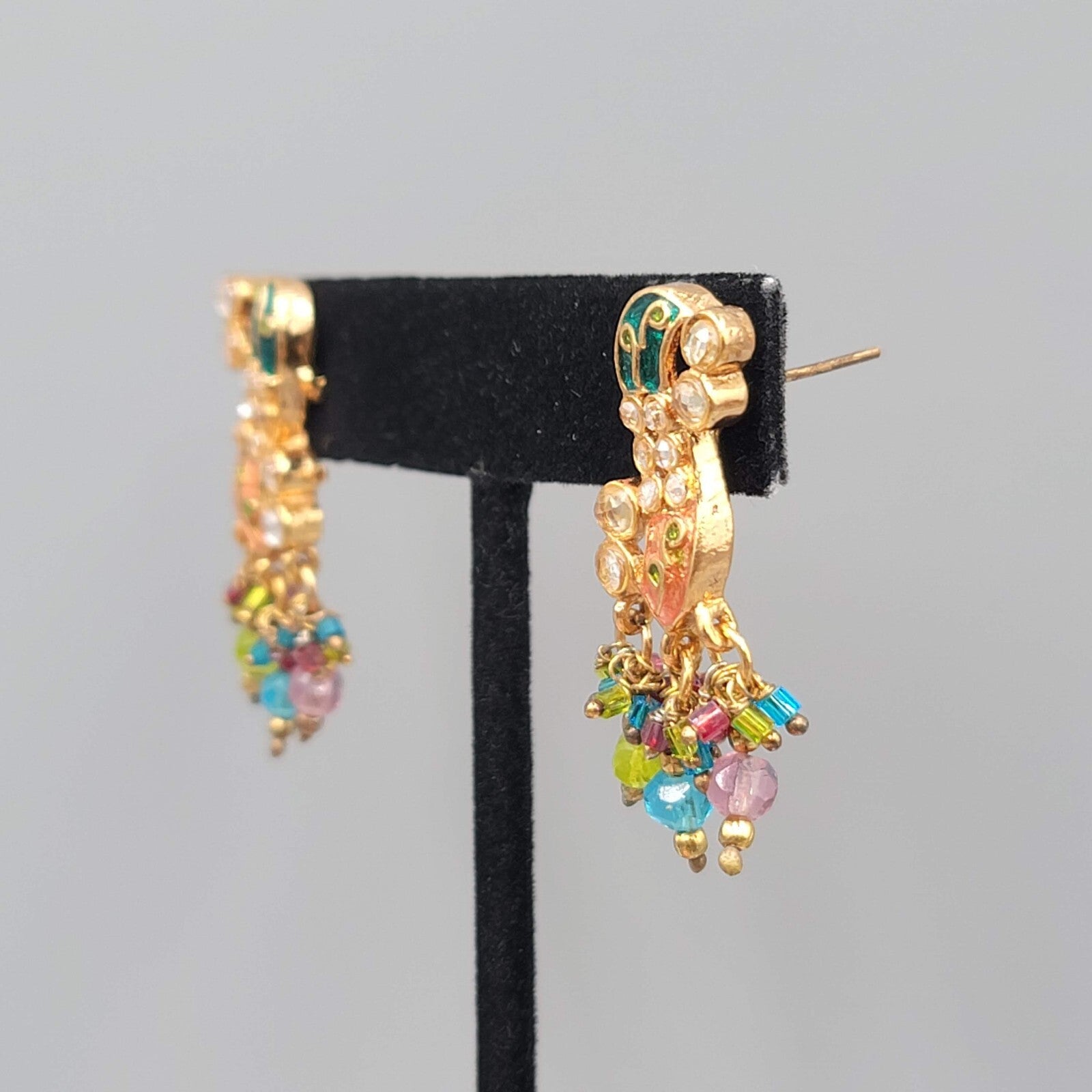 Vintage Bollywood Pierced Earrings Goldtone Intricate Multicolor Rhinestone 1.5"