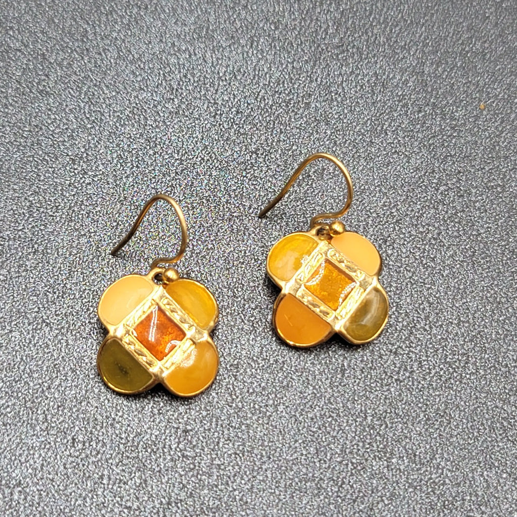Ann Klein Pierced Earrings Gold Plated Orange Green Enamel Dangle 5/8"