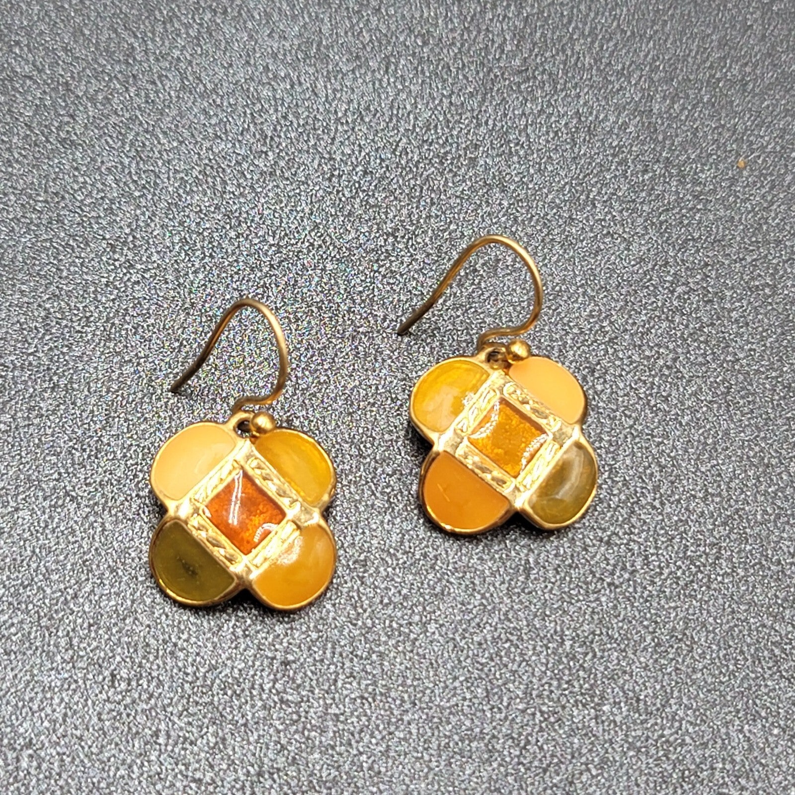 Ann Klein Pierced Earrings Gold Plated Orange Green Enamel Dangle 5/8"