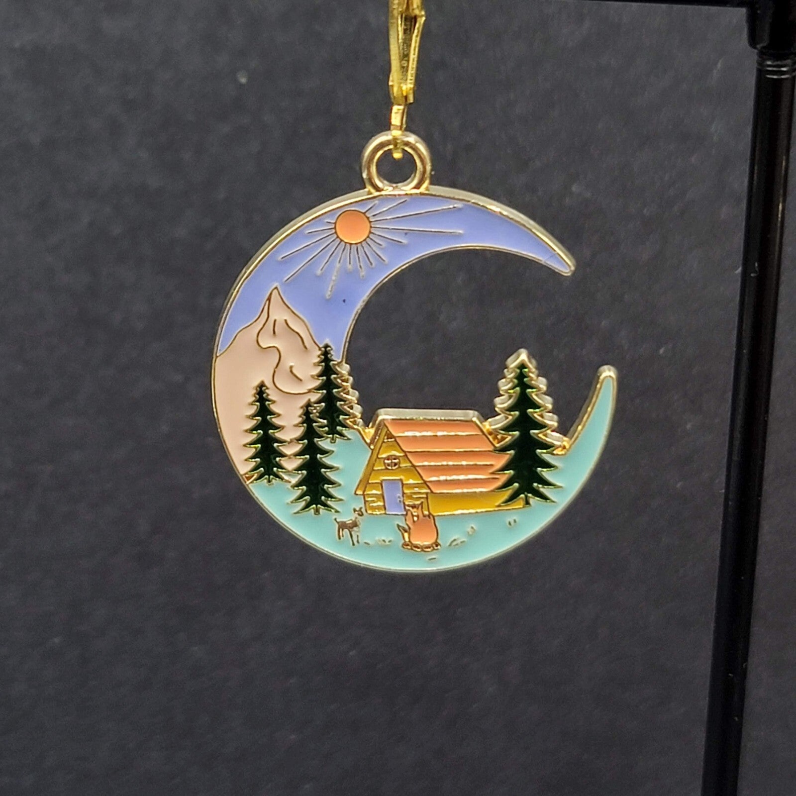 New Camping Scene Pierced Earrings Gold tone Enamel Dangle Moon Tent 1.25" FS