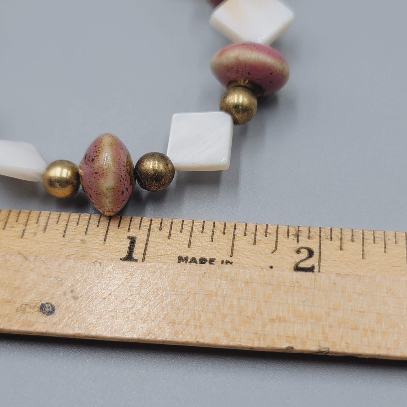 Beaded Bracelet Pottery and Mother of Pearl Beads Gold tone Toggle 6.75 in