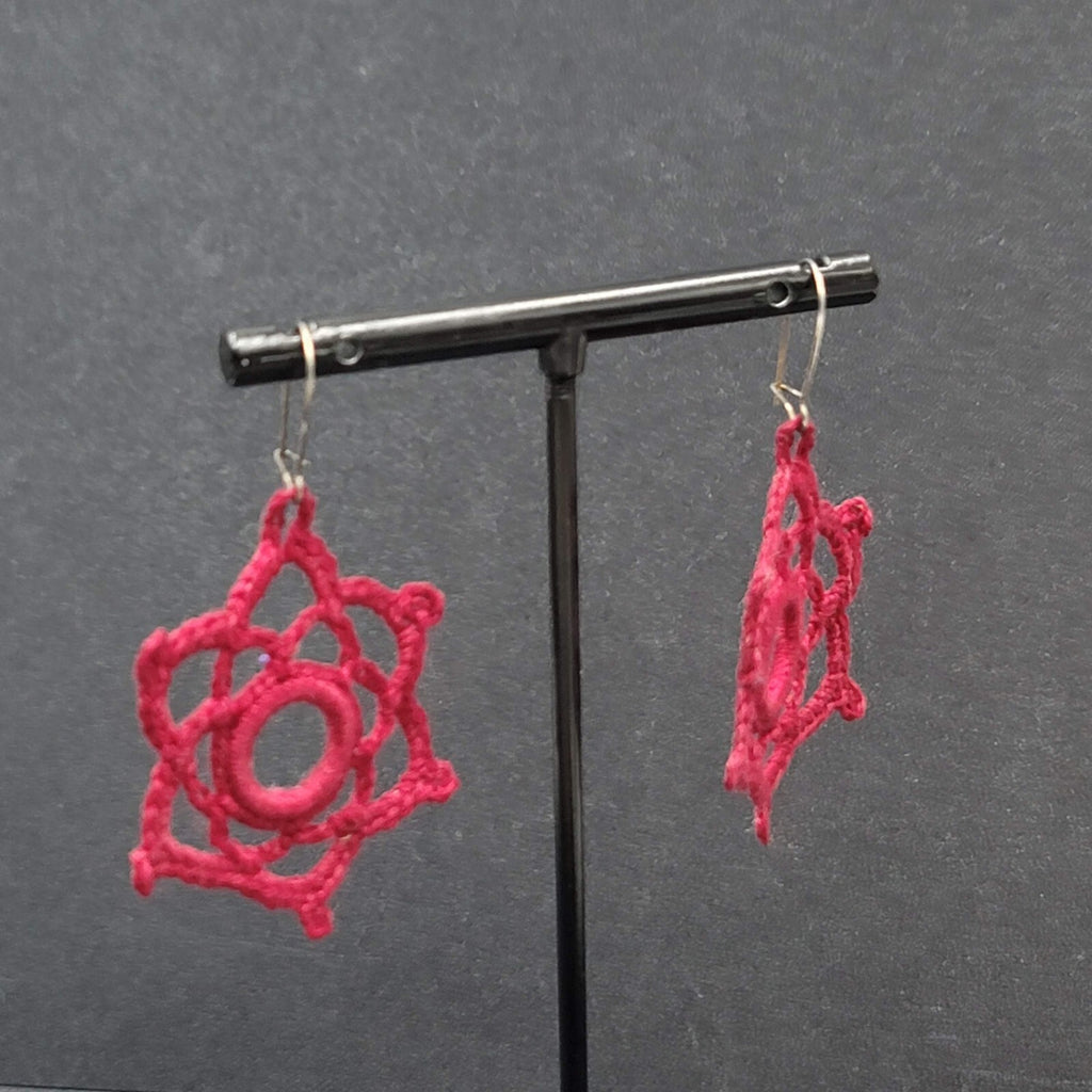 Pierced Earrings Hand Knitted Dangle Maroon Red 1.5"