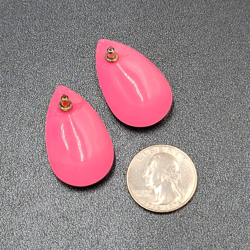 Vintage Pierced Earrings Hot Pink Enamel Long Teardrop 1.5"