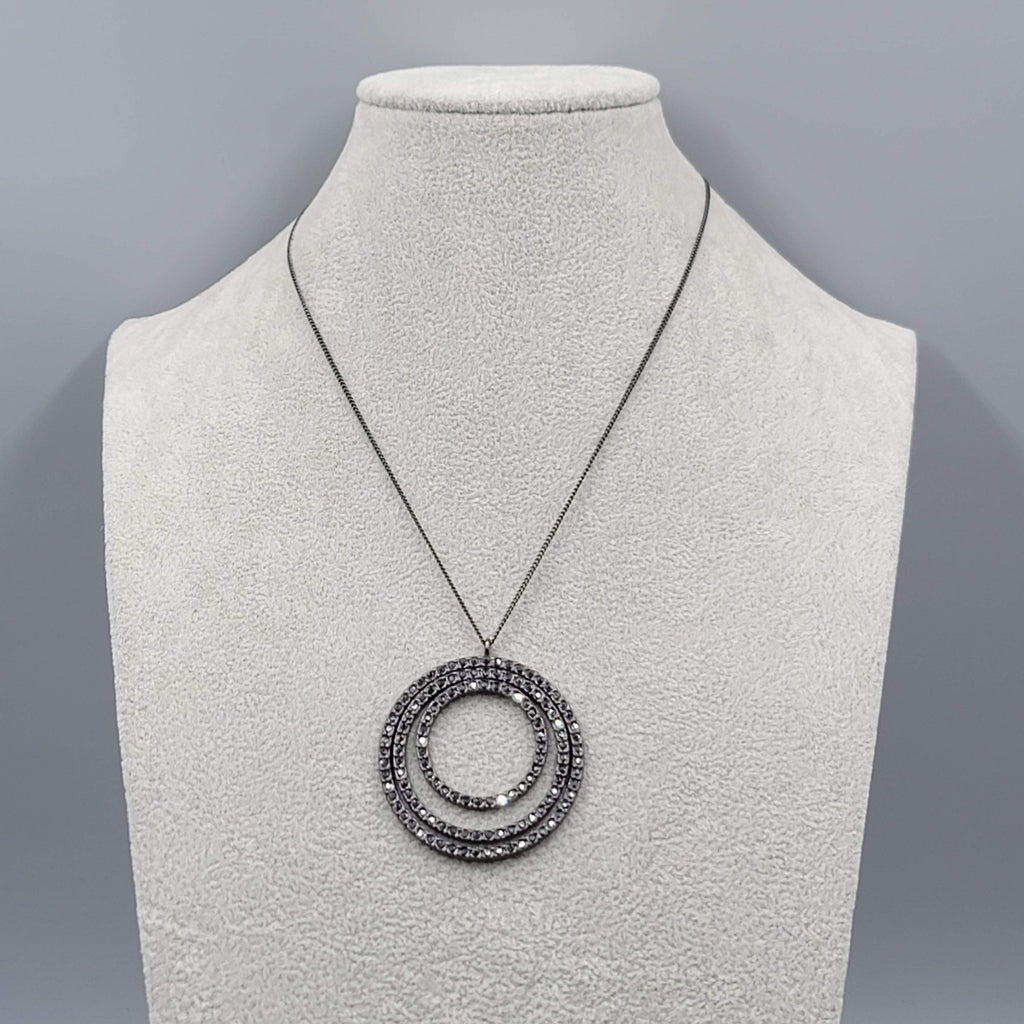 White House Black Market Necklace Black Metal Round Rhinestone Pendant 16"-18"