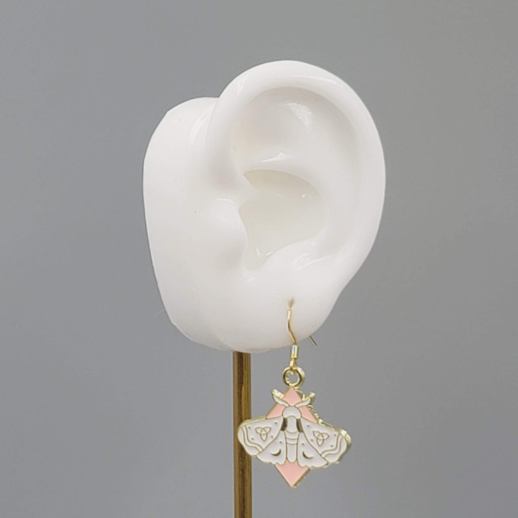 White Moth Pink Enamel Pierced Earrings Gold tone Dangle Butterfly 1"