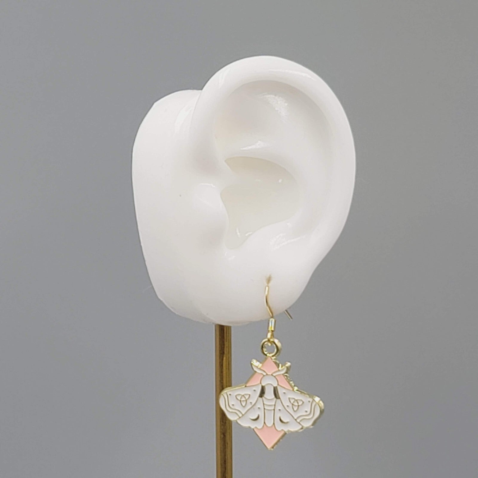 White Moth Pink Enamel Pierced Earrings Gold tone Dangle Butterfly 1"