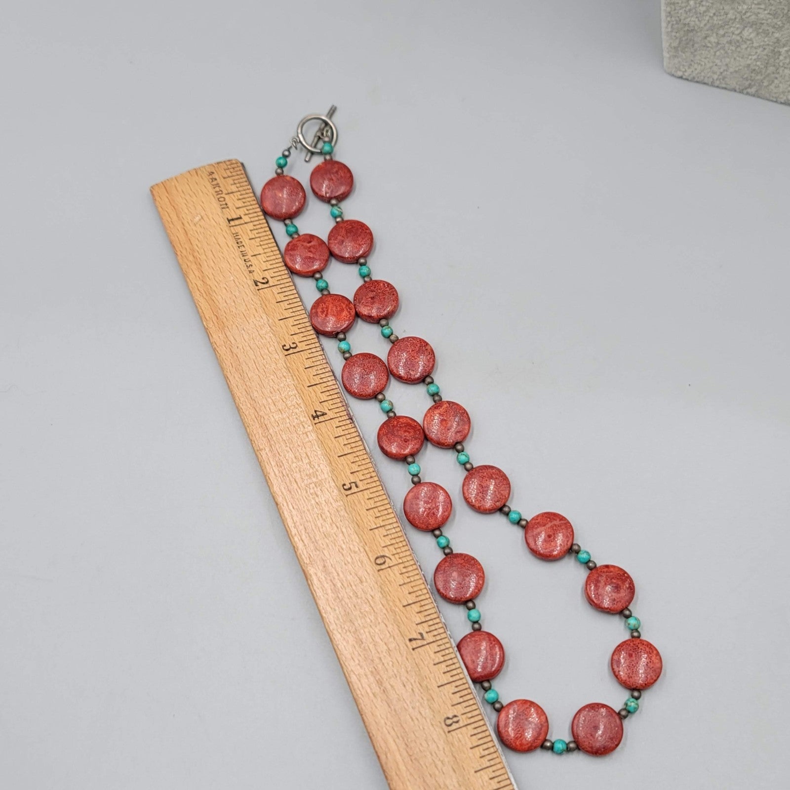 Vintage Coral and Turquoise Bead Necklace Silver tone Toggle 18 in