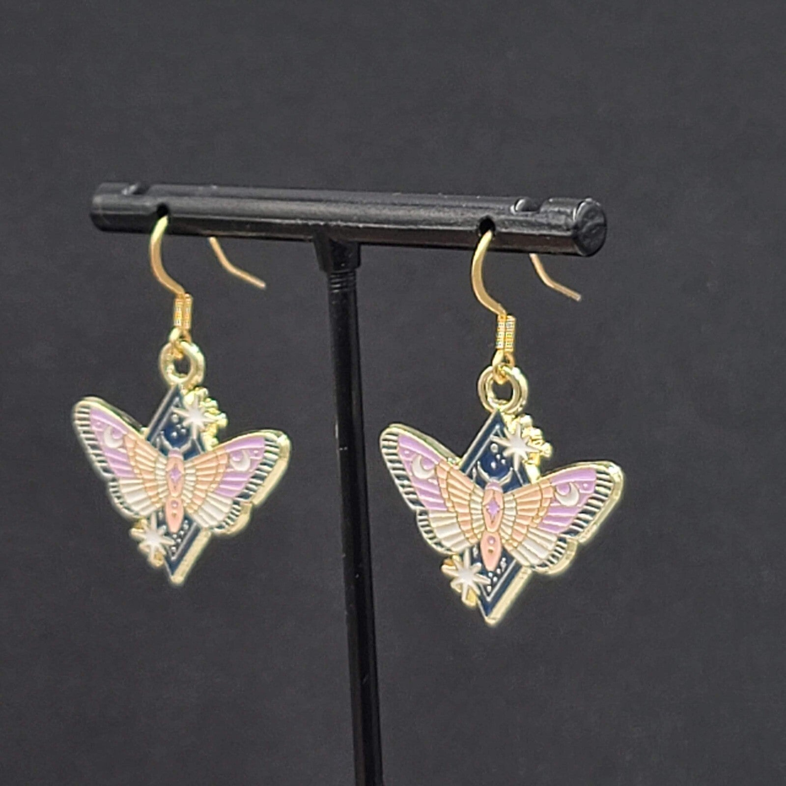 Purple Moon Moth Enamel Pierced Earrings Gold tone Dangle Butterfly 7/8"