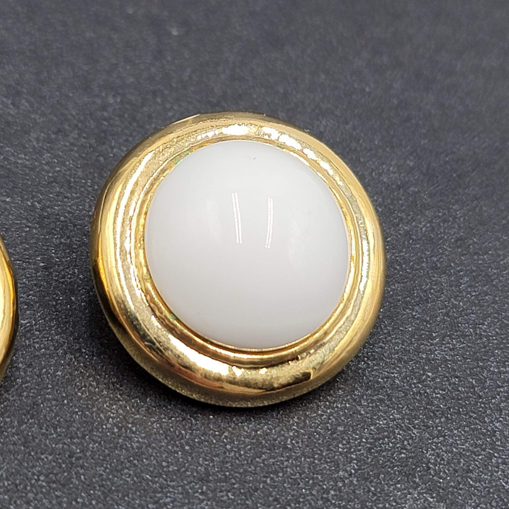 Vintage Clip on Earrings Gold tone White Acrylic Dome Drop Studs 1"