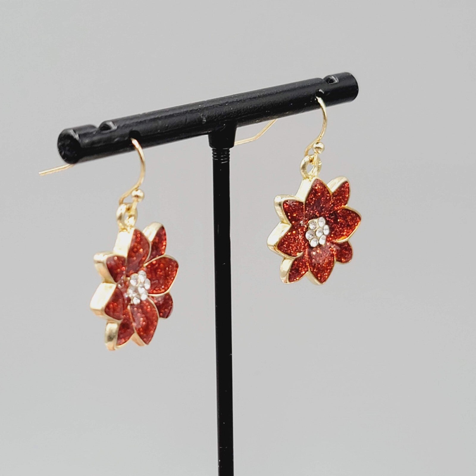 Poinsettia Pierced Earrings Christmas Red Glitter Enamel Rhinestone Dangle 7/8"