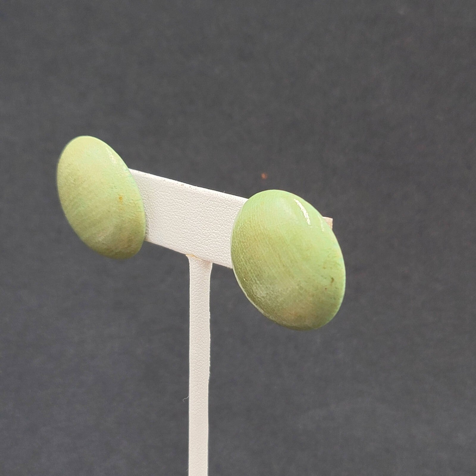 Vintage Pierced Earrings Stained Green Wood Disc Drop 1"
