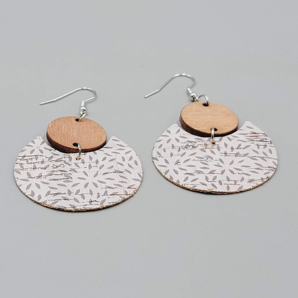 Wood Cork Dangle Pierced Earrings Lightweight Boho Leaf Print Pattern 2"