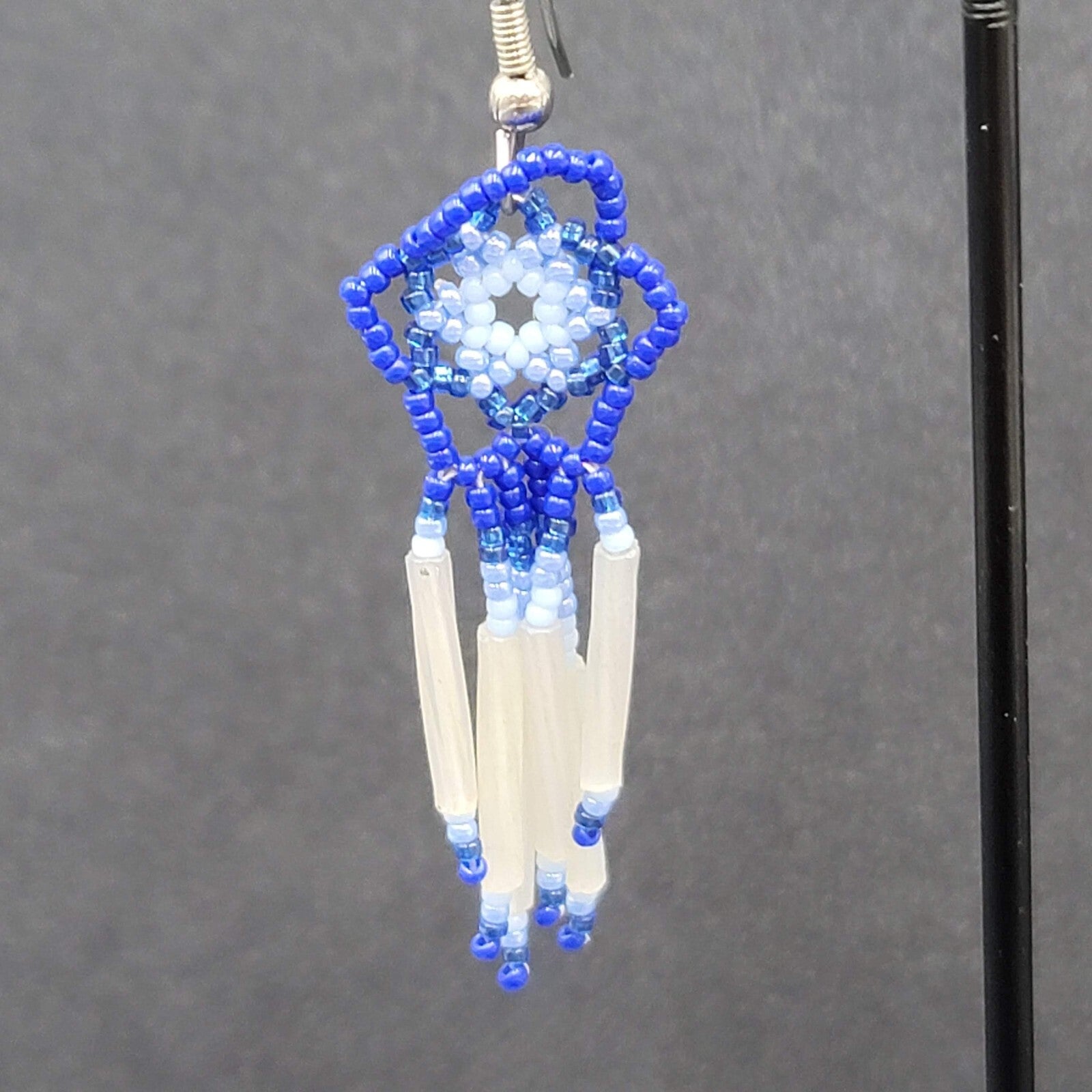 Vintage Pierced Earrings Blue White Flower Weaved Seed Beads  2"