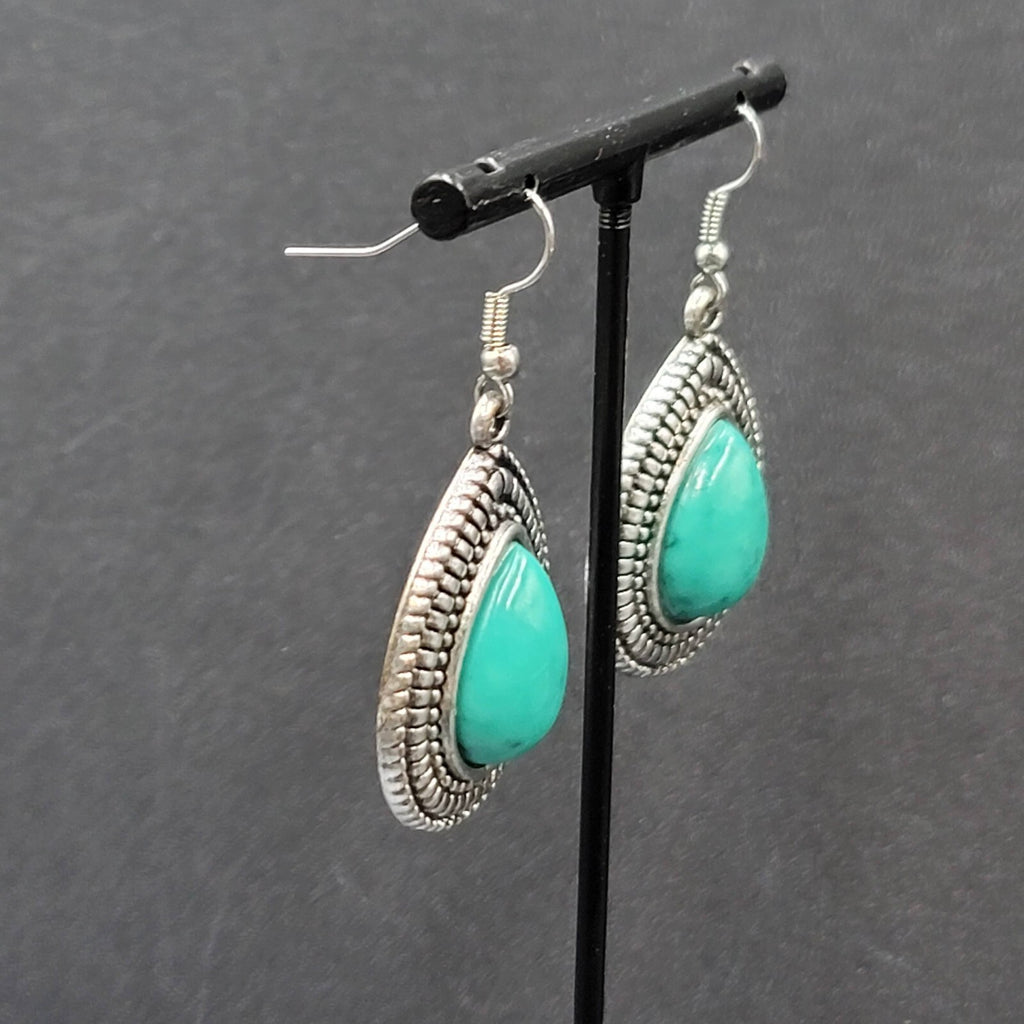 Pierced Earrings Silver tone Faux Resin Turquoise Blue Teardrop Dangle 1 3/8"
