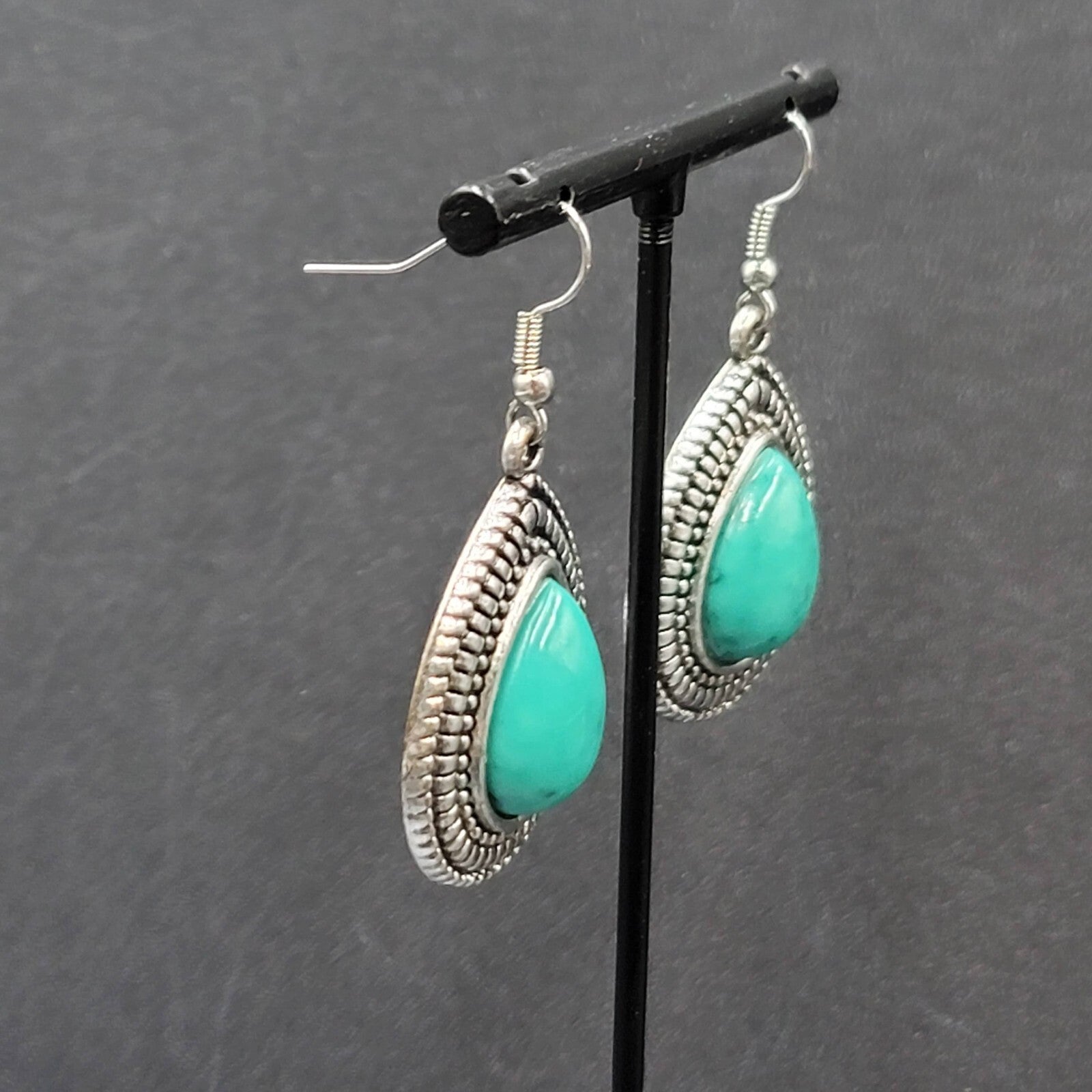 Pierced Earrings Silver tone Faux Resin Turquoise Blue Teardrop Dangle 1 3/8"