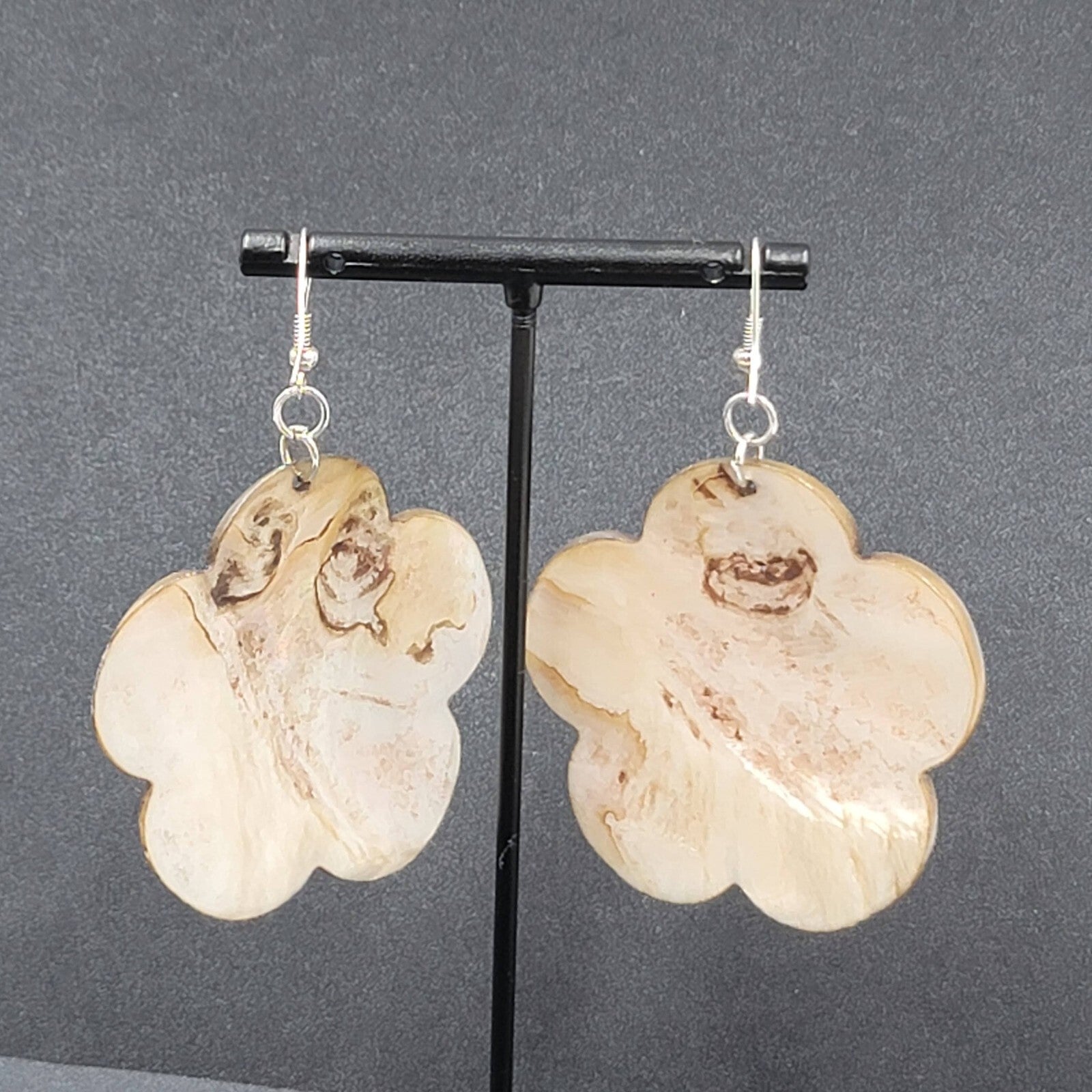 Flower Pierced Earrings Large Carved Shell Silver tone 2"
