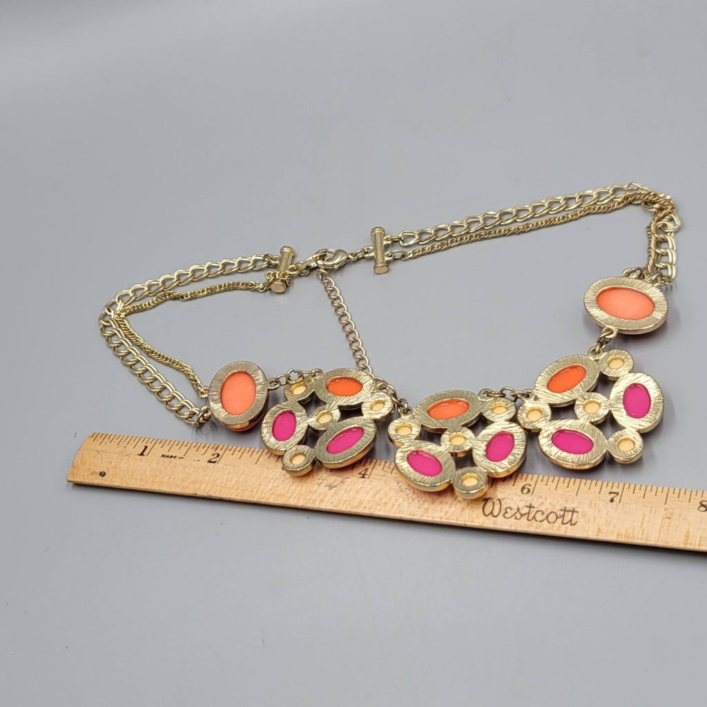 Statement Bib Necklace Pink Orange Gold tone Double Chain 18"-20"