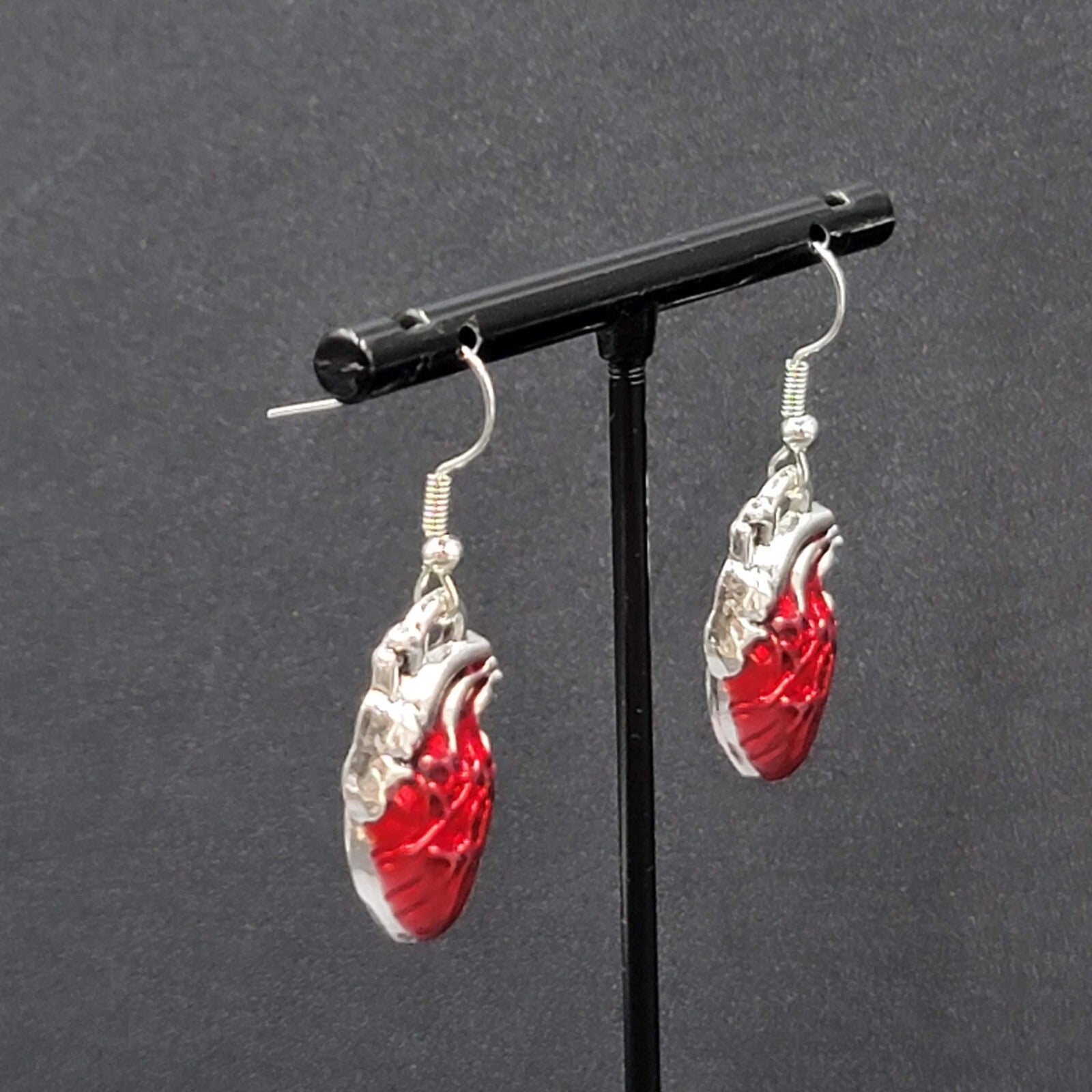 New Anatomical Heart Pierced Earrings Silver tone Red Goth Rock Dangle 1"