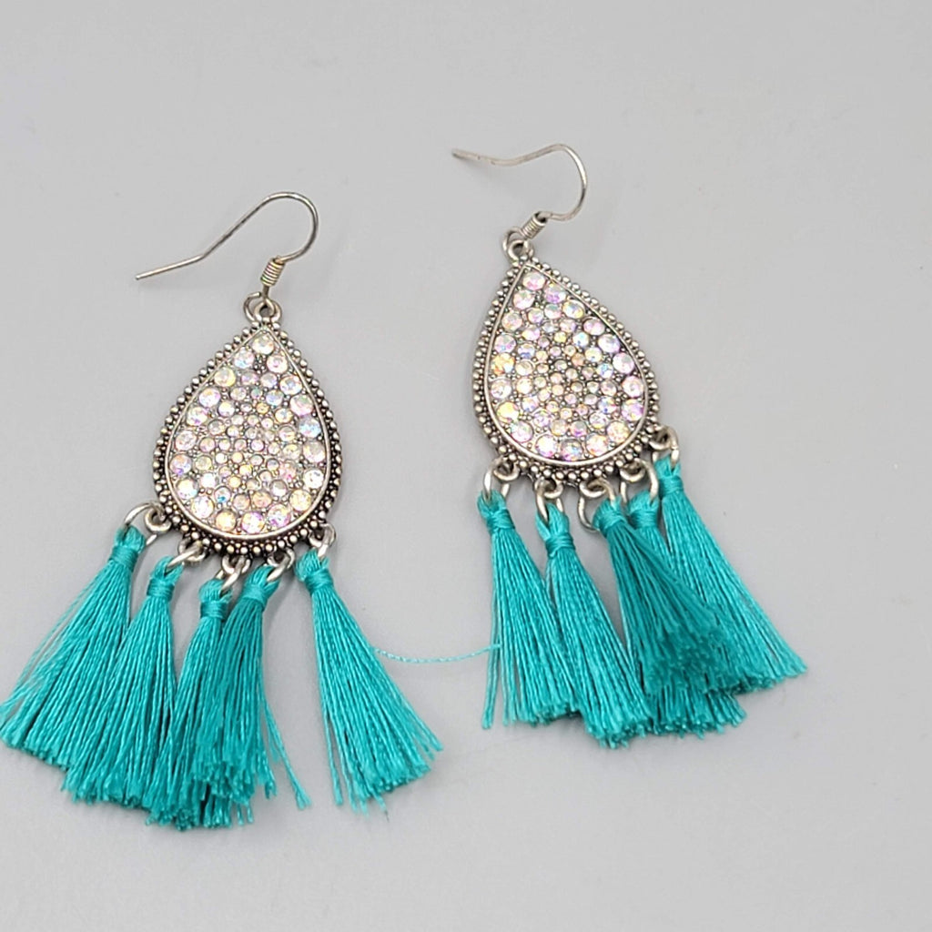 Teal Blue Tassel Rhinestone Pierced Earrings Silver tone Dangle 2.25"