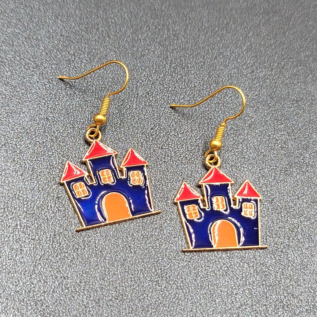 Purple Haunted House Halloween Pierced Earrings Gold tone Enamel Dangle 1"