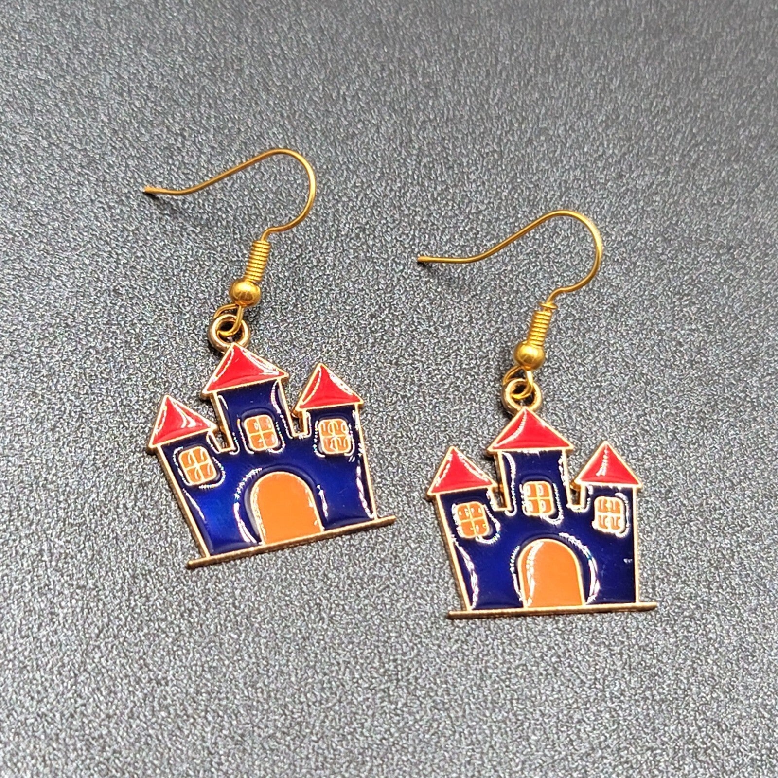 Purple Haunted House Halloween Pierced Earrings Gold tone Enamel Dangle 1"