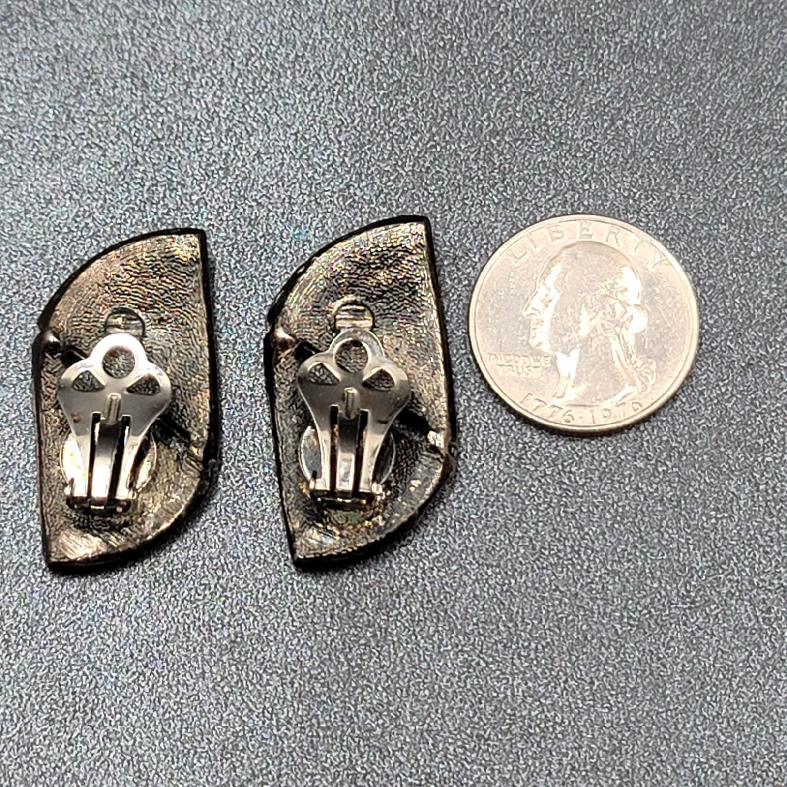 Vintage Clip on Earrings Black Metal Clear Rhinestones 1.5"