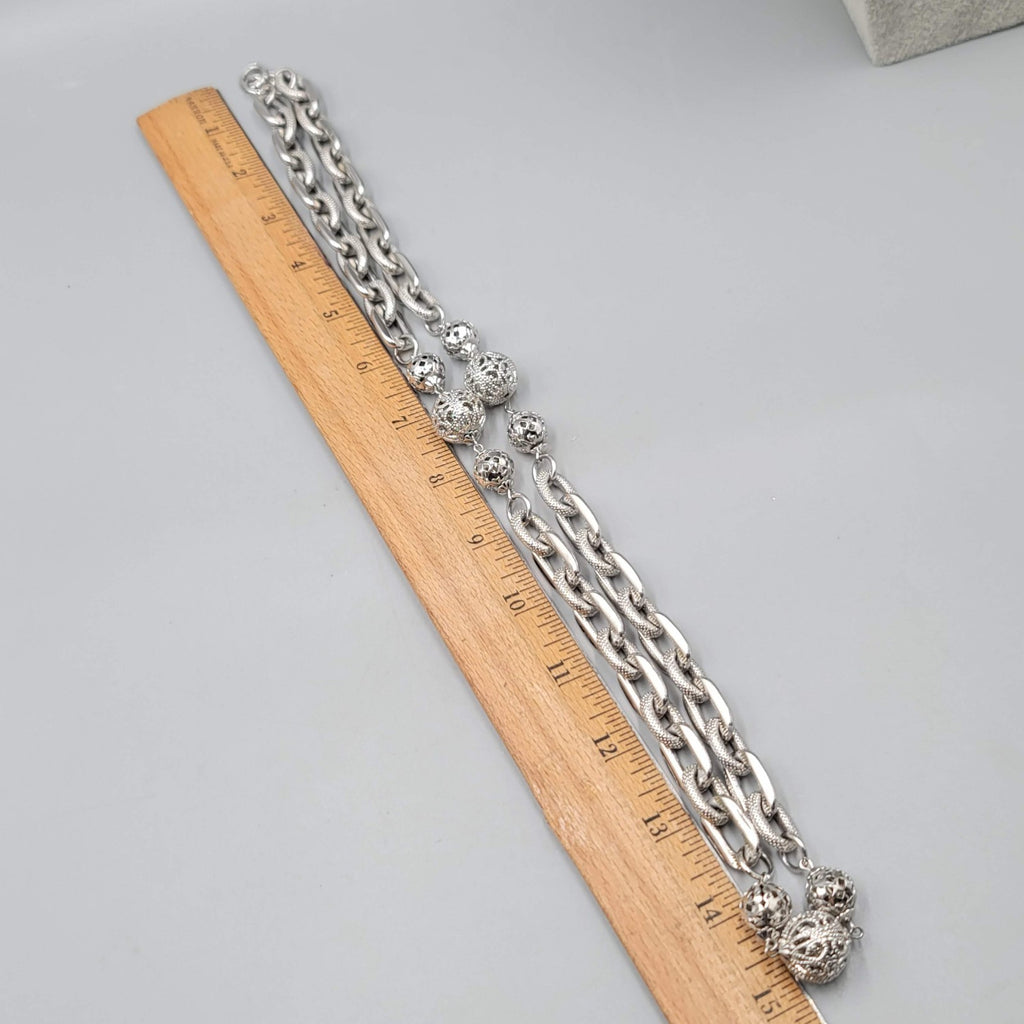 Chunky Retro Chain Necklace Filigree Beads Textured Silver tone 30 in