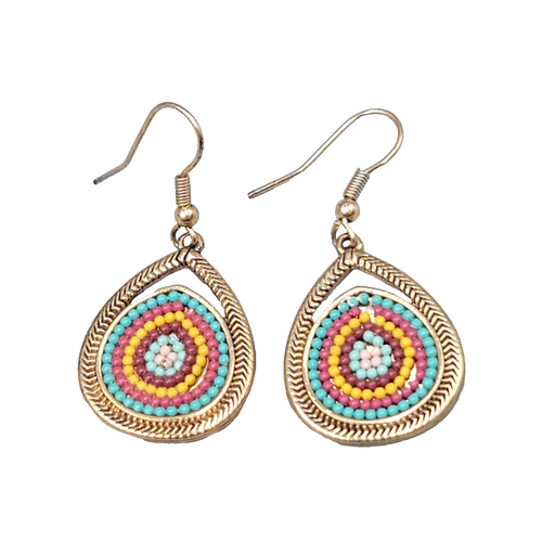 Boho Teardrop Pierced Earrings Gold tone Dangle Multicolor 1 1/8"