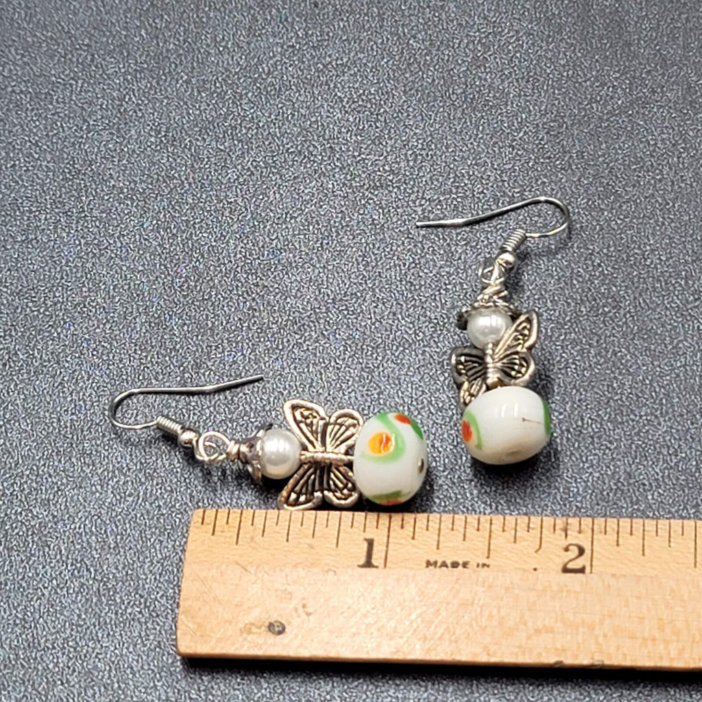 Pierced Earrings Silver tone Angel White Art Glass Bead Dangle 1"