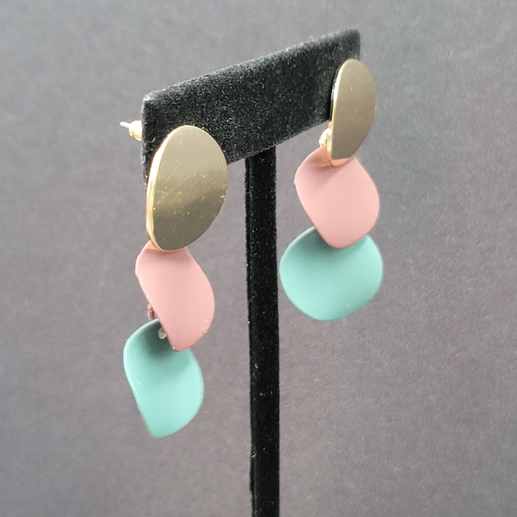 Pierced Earrings Gold tone Merlot Sage Enamel Dangle Discs 1 5/8"