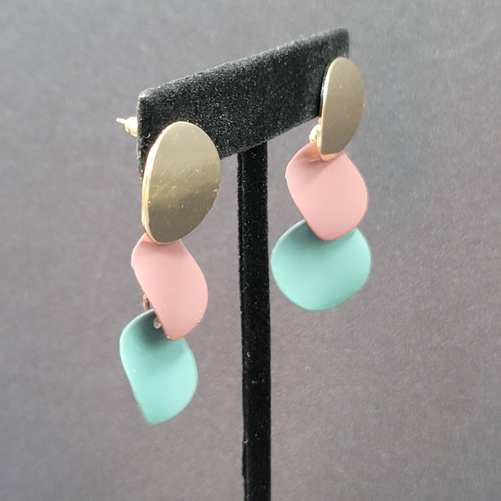 Pierced Earrings Gold tone Merlot Sage Enamel Dangle Discs 1 5/8"