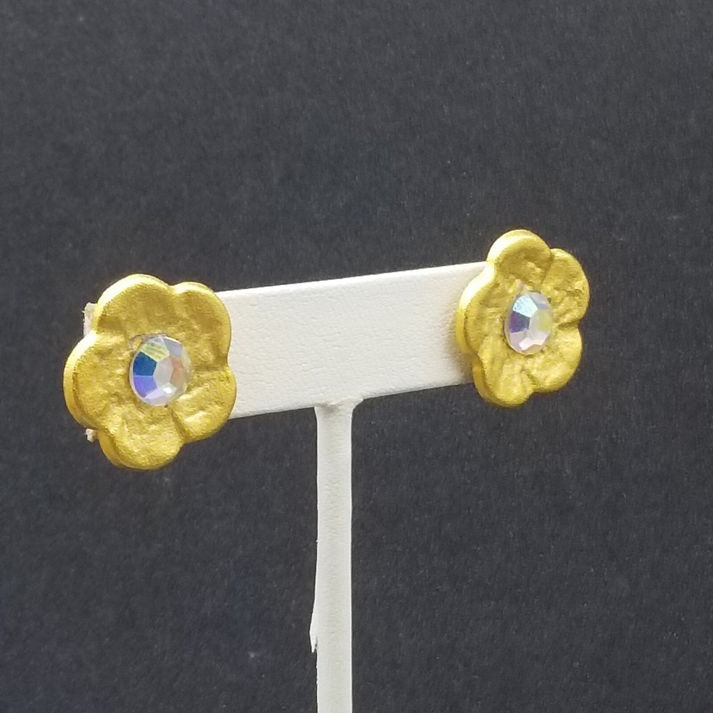 Pierced Earrings Gold tone Glower Aurora Borealis Crystal Stud 3/4'