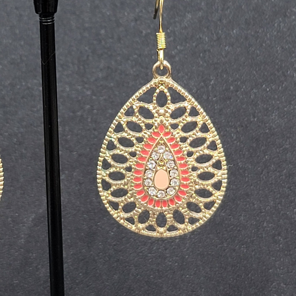 Pierced Earrings Gold tone Teardrop Rhinestone Enamel Dangle 1.25"