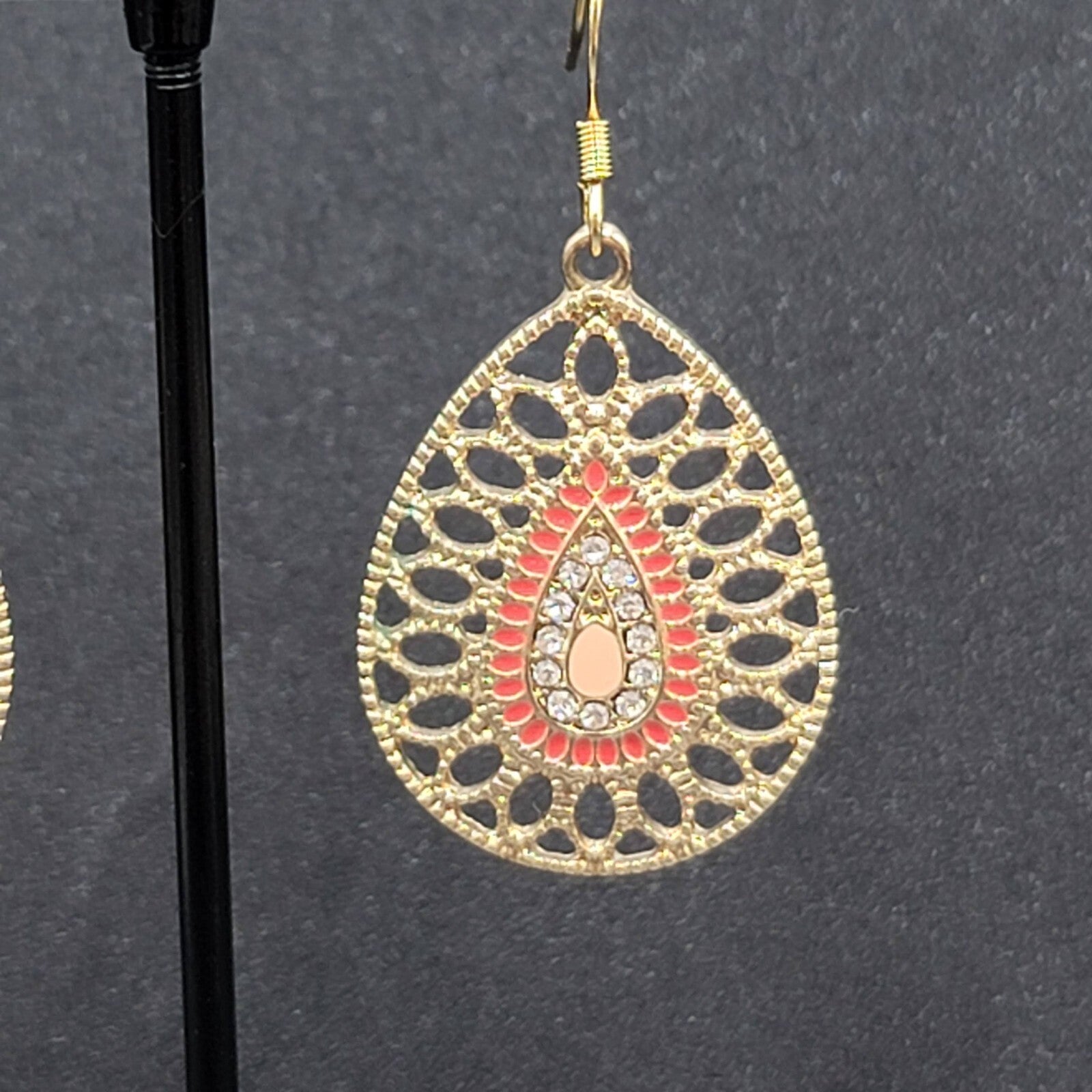 Pierced Earrings Gold tone Teardrop Rhinestone Enamel Dangle 1.25"