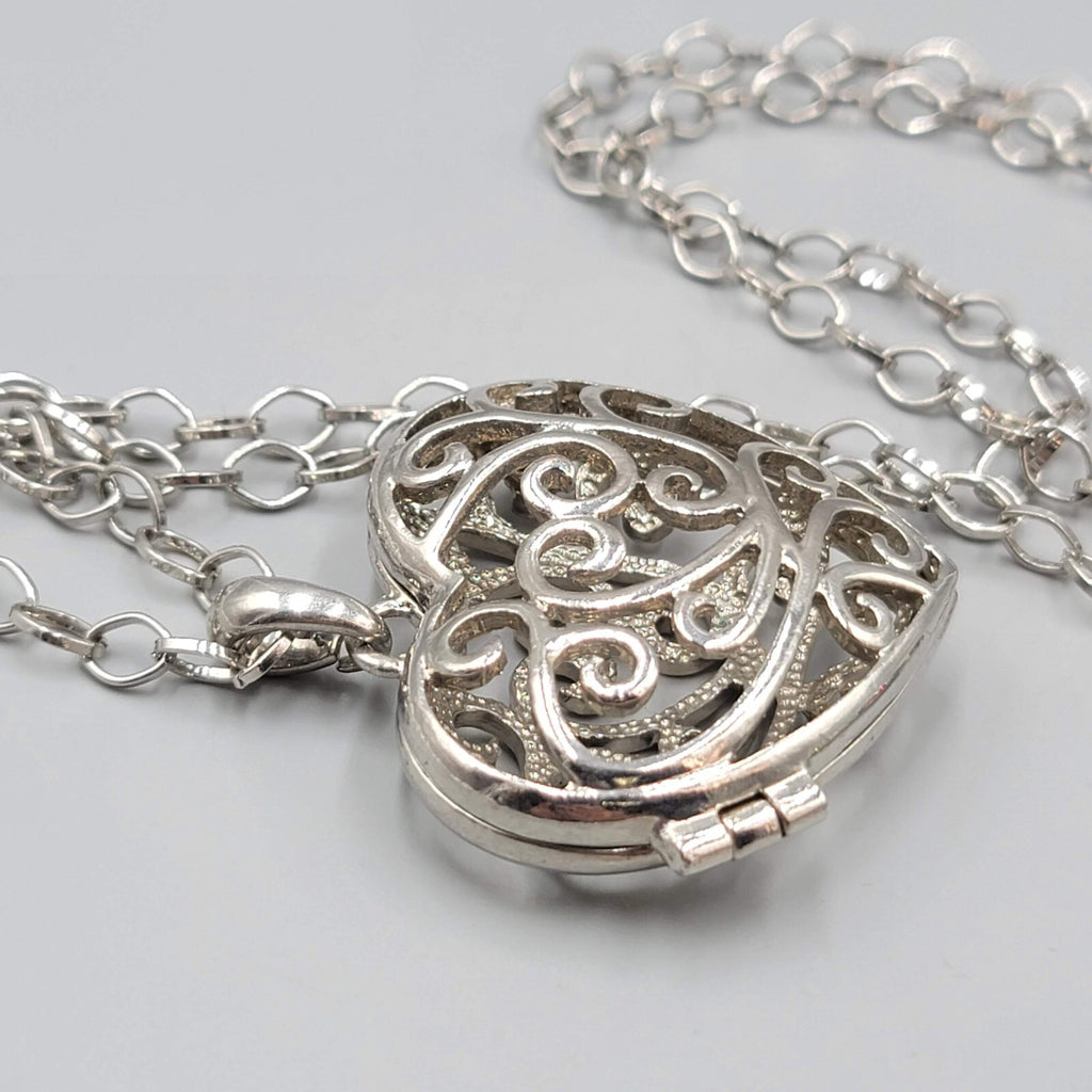 Large Pendant Necklace Heart Locket Rhinestone Peace Sign Silver tone 30"