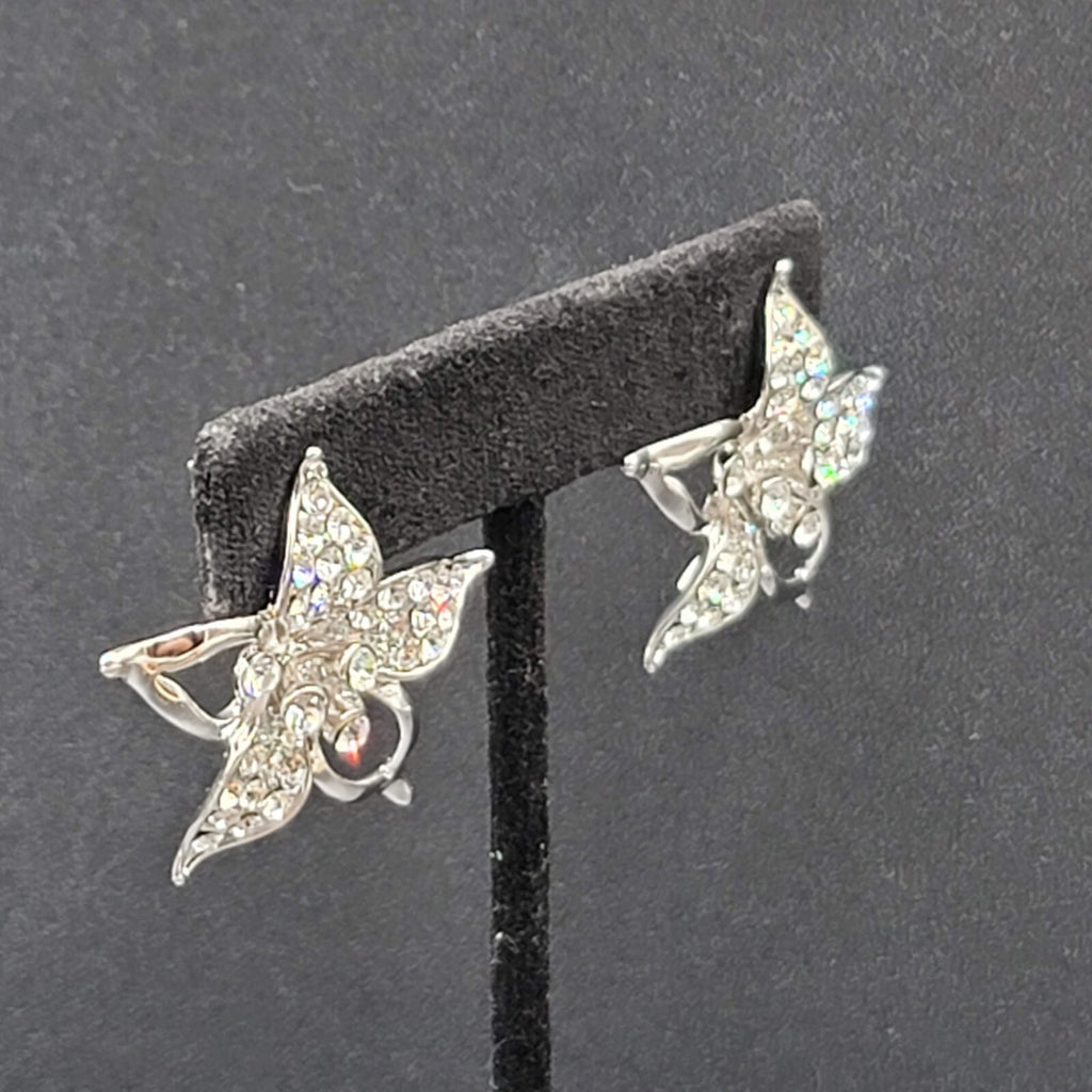 Pierced Earrings Silver Plated Crystal Rhinestone Drop Flower Signed 1 3/8"
