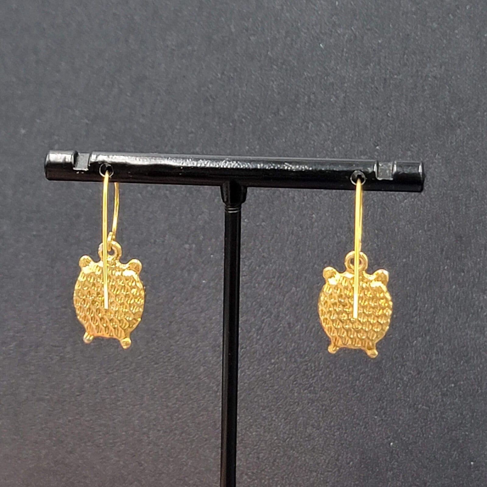 Pierced Earrings Gold tone Embossed Owl Dangle 5/8"