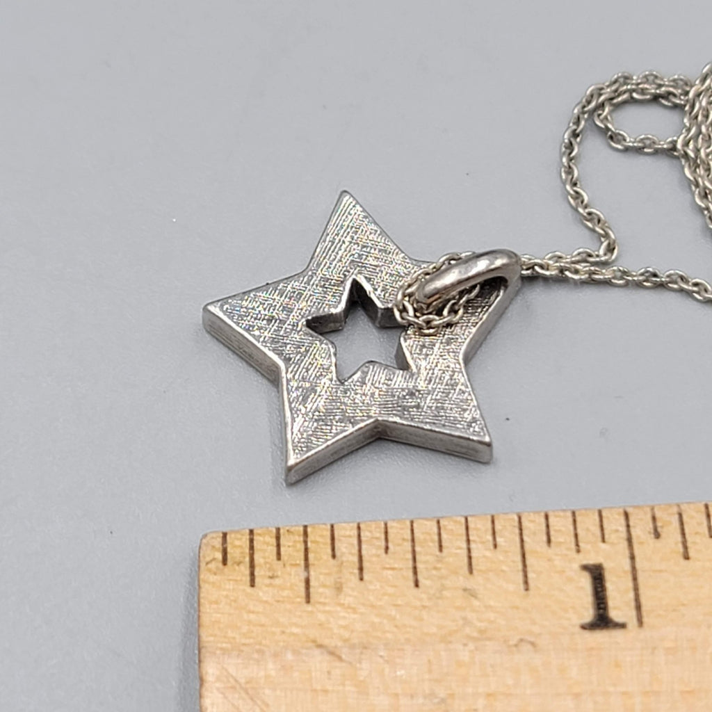 Star Pendant Necklace Rhinestone 18 Inch Silver tone