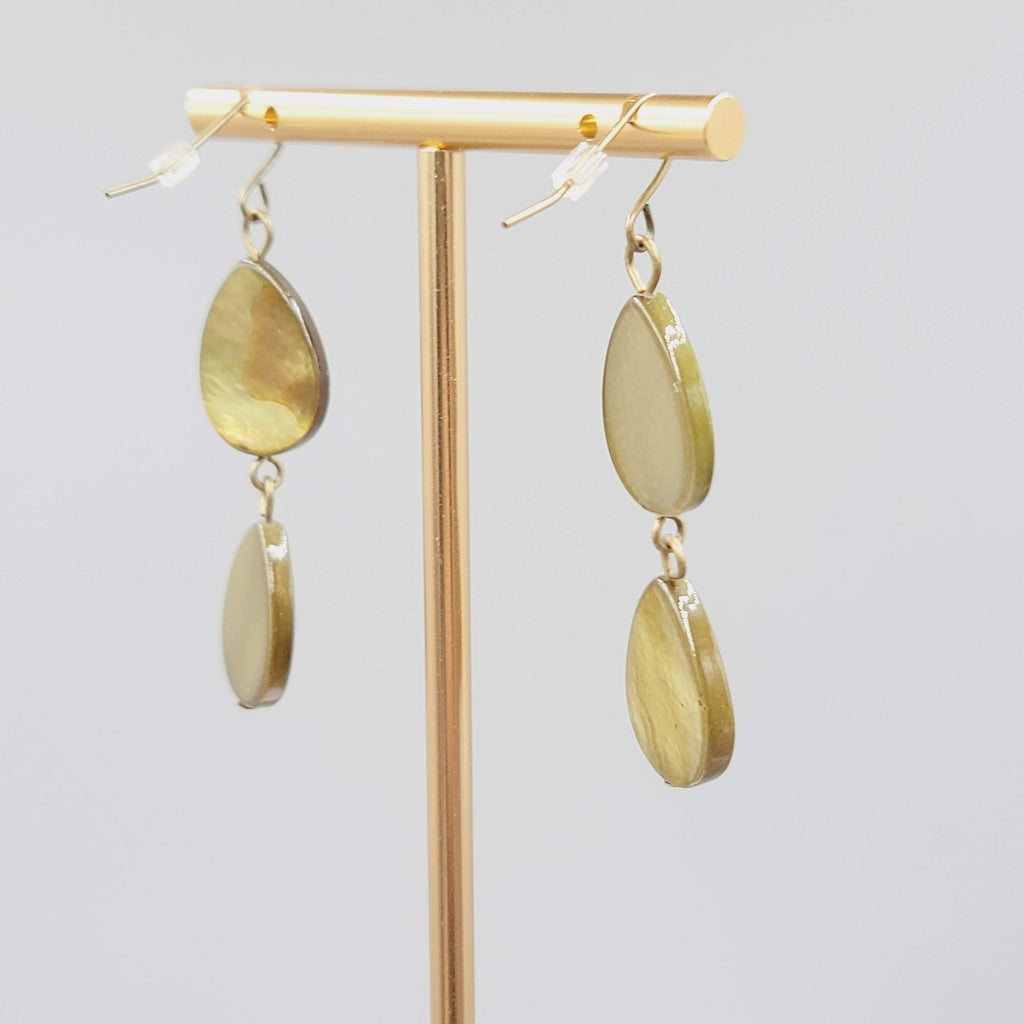 Teardrop Dangle Pierced Earrings Green Dyed Shell Bronze tone 1.75"