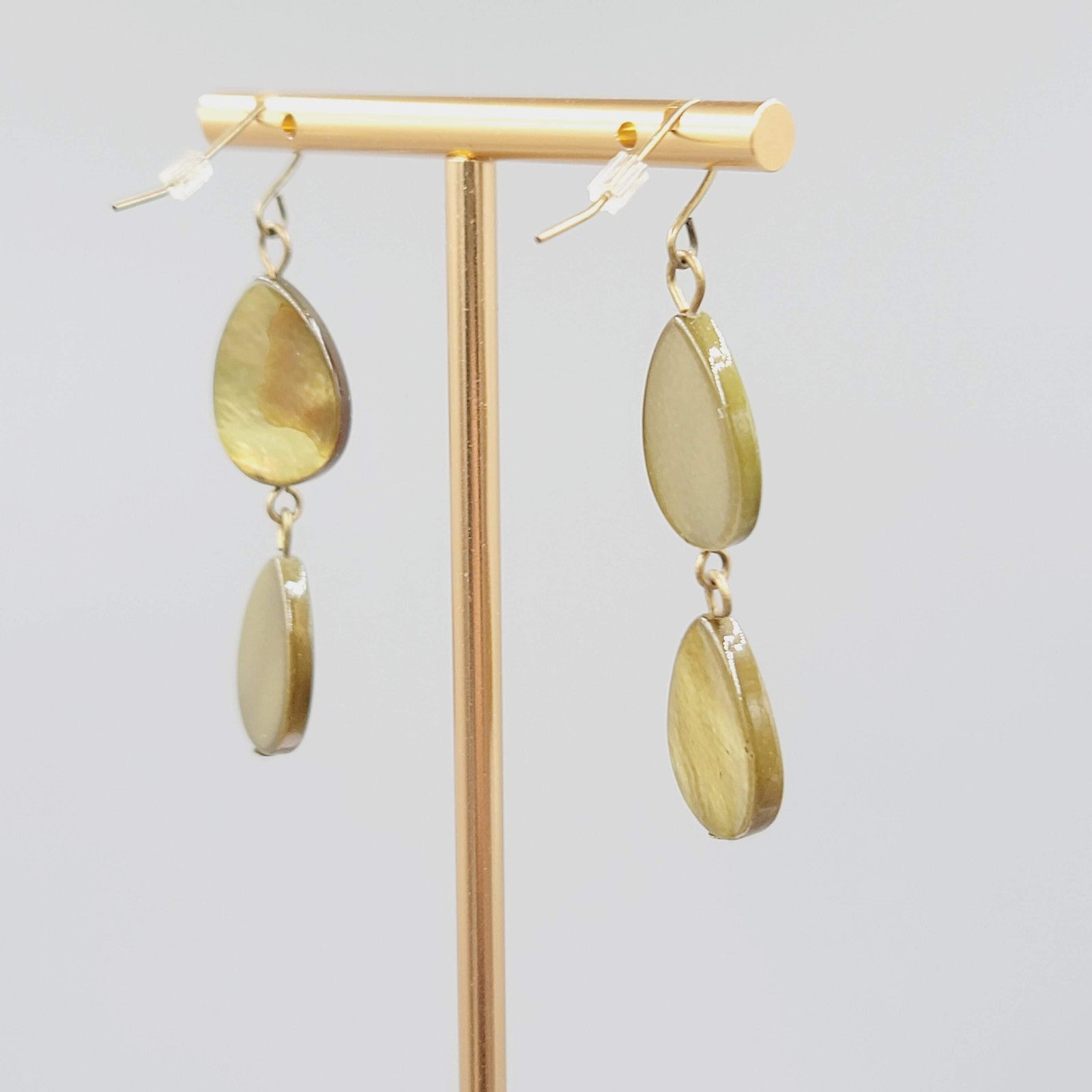 Teardrop Dangle Pierced Earrings Green Dyed Shell Bronze tone 1.75"