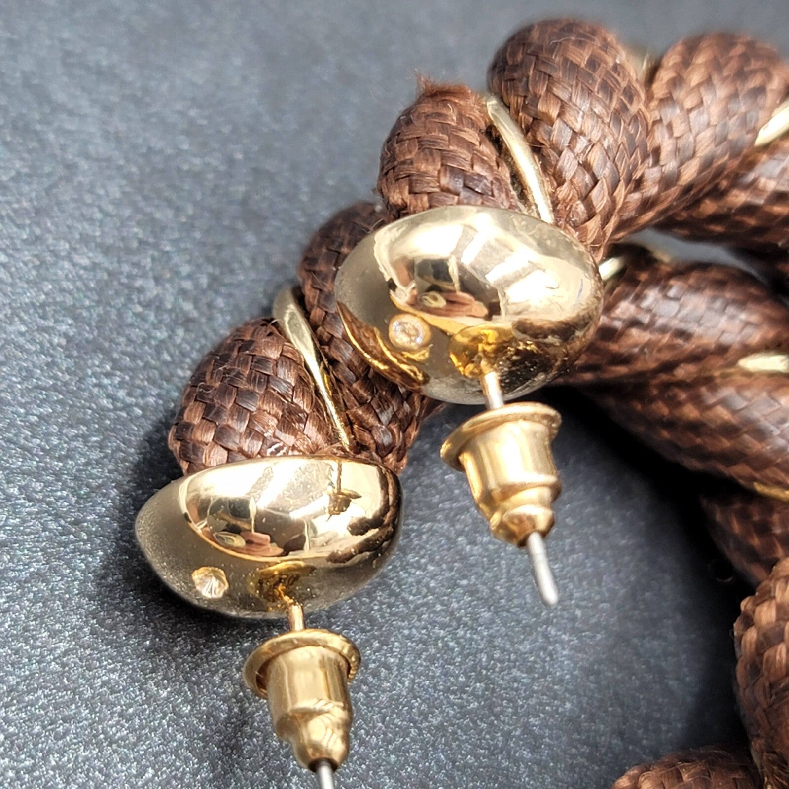 Pierced Earrings Gold tone Brown Fabric Wrapped Drop Hoops 1.5"