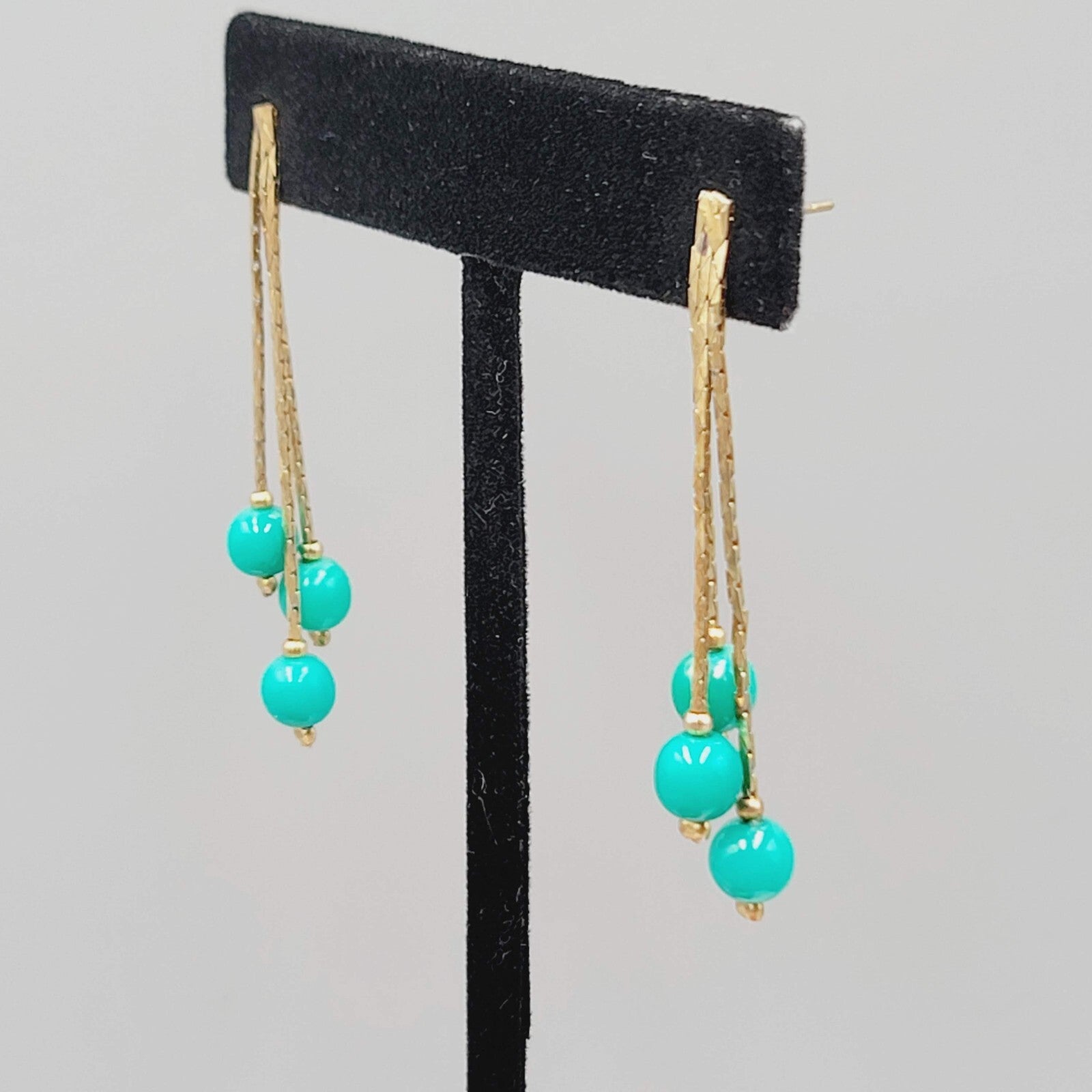 Vintage Dangle Chains Pierced Earrings Teal Bead 2"