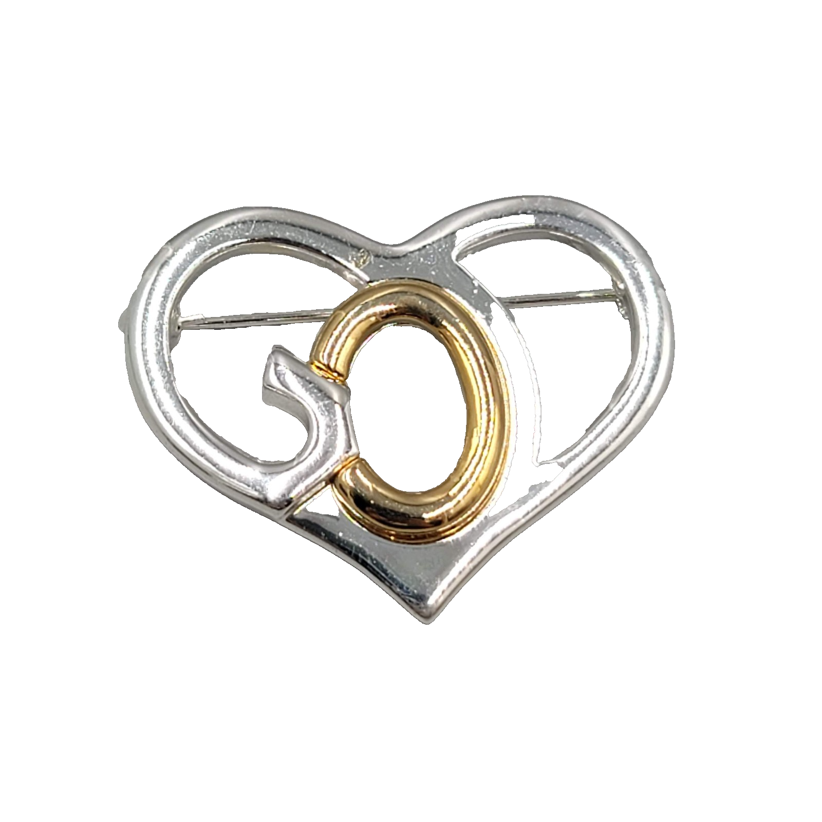 Saint John SJ Heart GOD Brooch Pin Gold Silver Tone Religious Heart Vintage