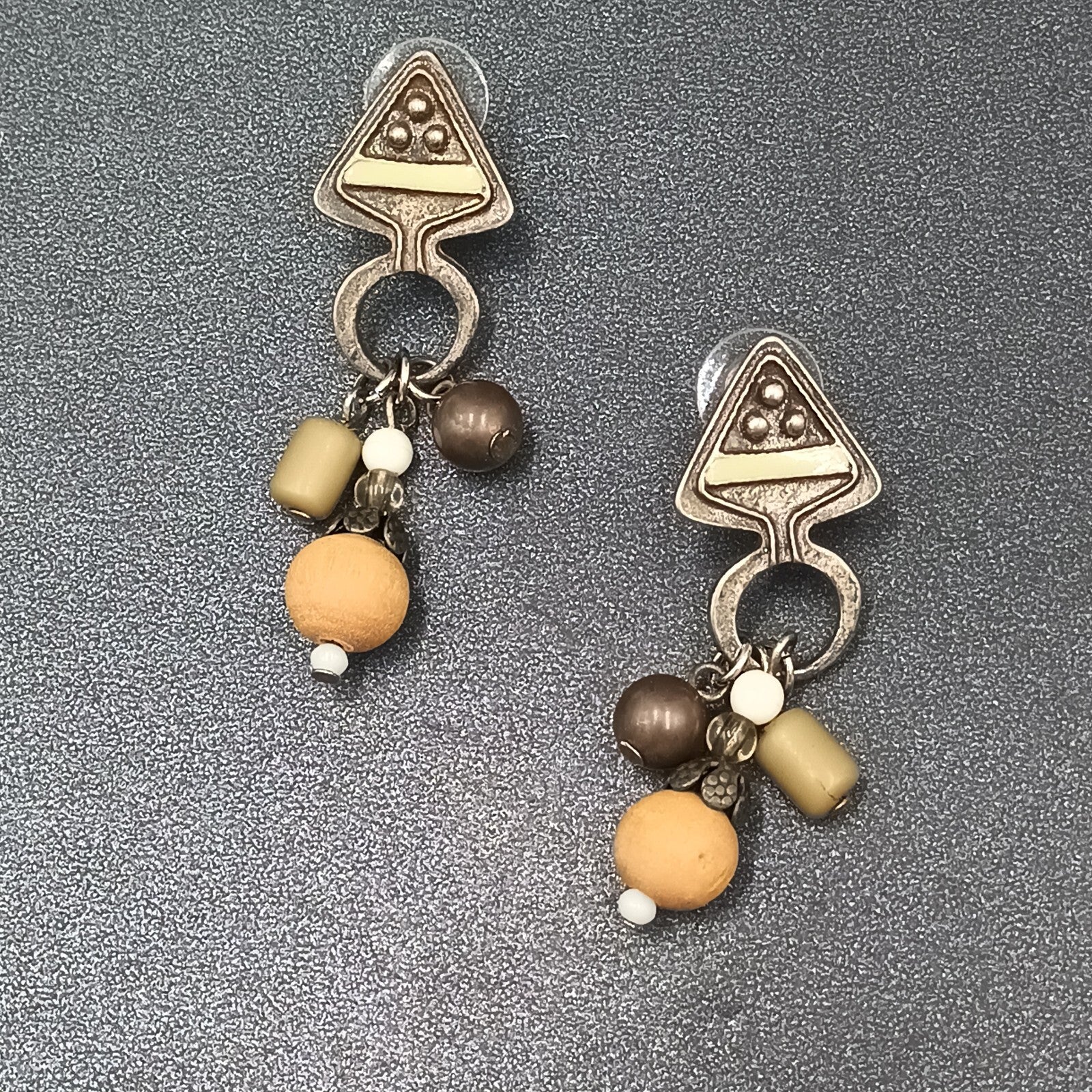 Boho Pierced Earrings Silver tone Wood Bead Dangle 2.25"