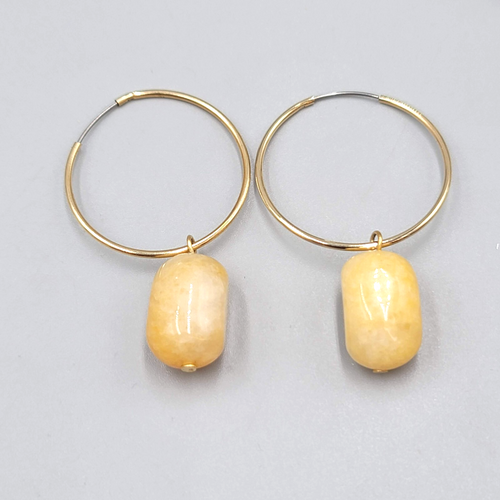 Agate Stone Bead Pierced Earrings Gold tone Hoops 2"